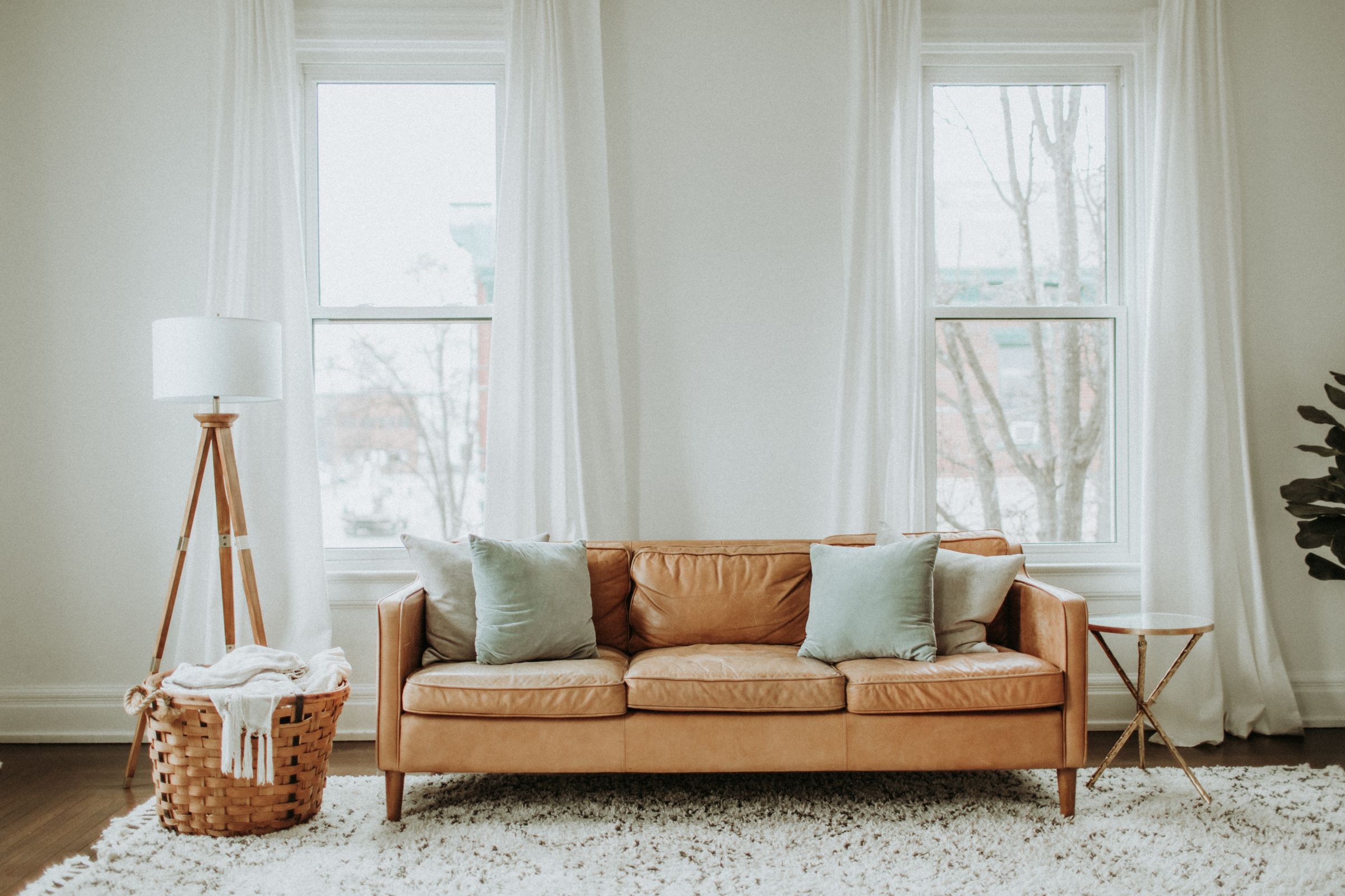 Living room with tan leather sofa